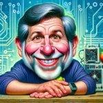 DALL·E 2024 02 09 13.05.45 A caricature of Steve Wozniak that emphasizes his playful and inventive personality. He should be depicted with exaggerated facial features such as a