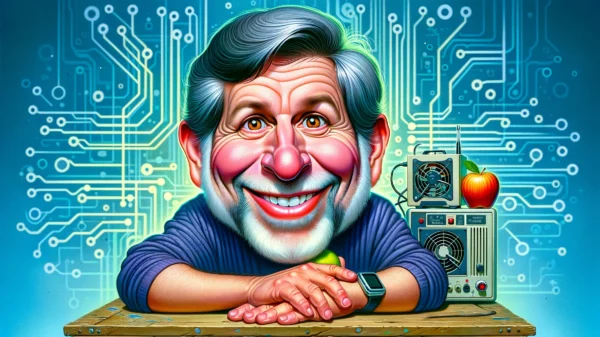DALL·E 2024 02 09 13.05.45 A caricature of Steve Wozniak that emphasizes his playful and inventive personality. He should be depicted with exaggerated facial features such as a
